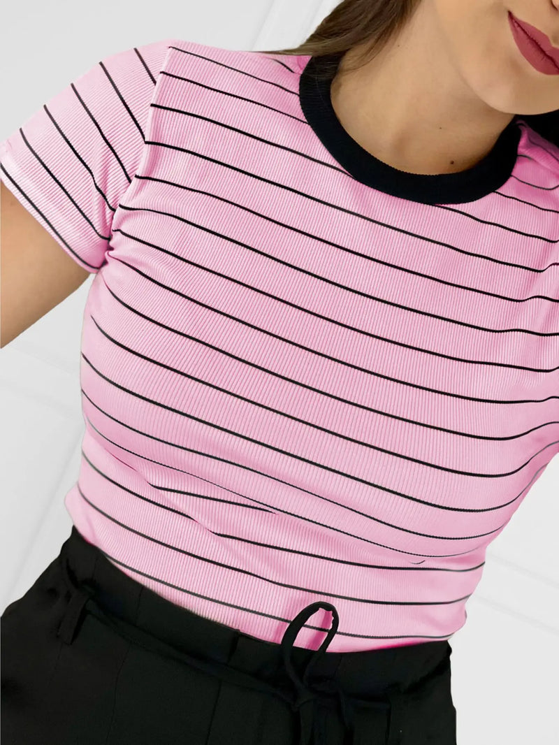 Camiseta listrada Blogger Verão Verão Casual Verão Verão Frete rápido Frete grátis Confortável Malha Casual Sucesso Ativa