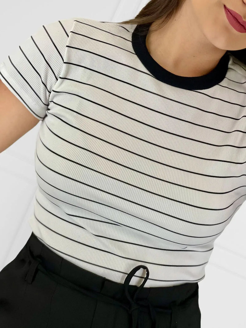 Camiseta listrada Blogger Verão Verão Casual Verão Verão Frete rápido Frete grátis Confortável Malha Casual Sucesso Ativa
