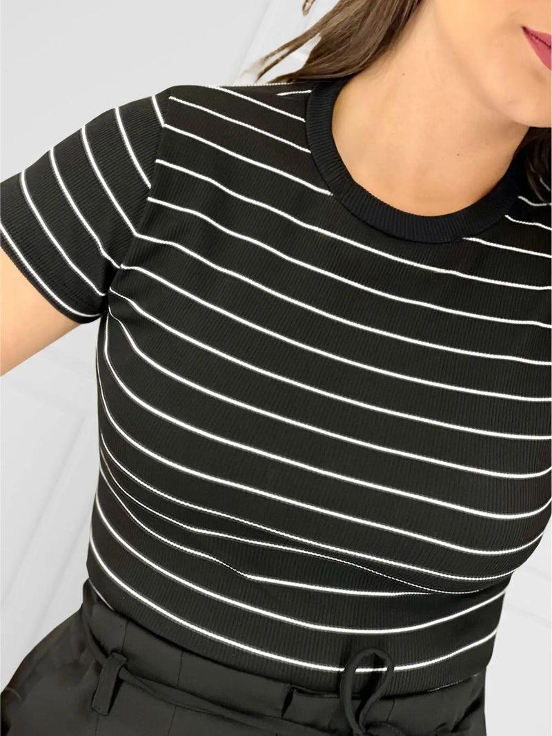 Camiseta listrada Blogger Verão Verão Casual Verão Verão Frete rápido Frete grátis Confortável Malha Casual Sucesso Ativa
