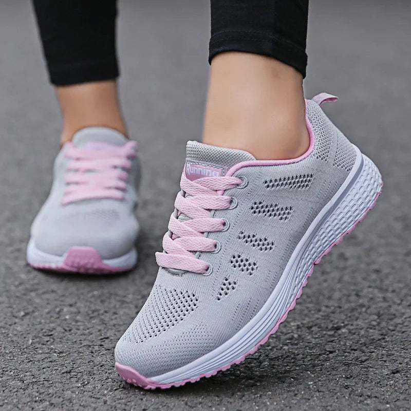 Sapatos casuais femininos da moda, respiráveis, de malha, para caminhada, tênis