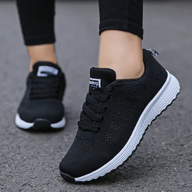 Sapatos casuais femininos da moda, respiráveis, de malha, para caminhada, tênis
