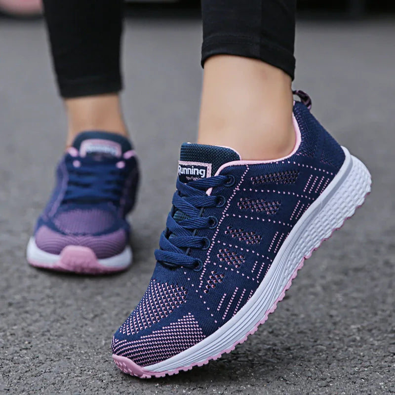 Sapatos casuais femininos da moda, respiráveis, de malha, para caminhada, tênis