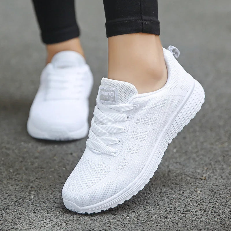 Sapatos casuais femininos da moda, respiráveis, de malha, para caminhada, tênis