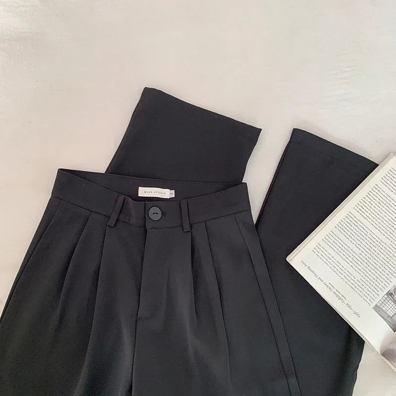Calças de terno femininas de cintura alta, retas, para escritório, moda coreana, casual, com botões, soltas, pretas, novas, 2024 Sucesso Ativa