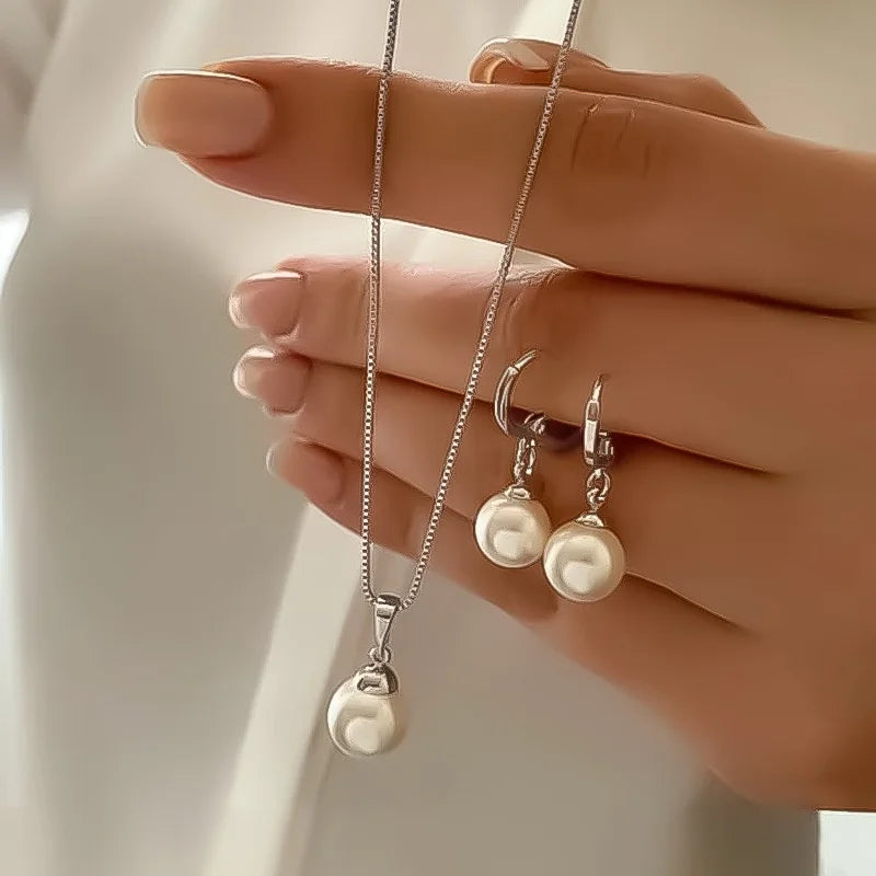 Conjunto de 3 peças de joias de pérolas redondas, brincos e pingentes para mulheres, conjunto de joias de casamento duplas com strass da moda requintada, presente Sucesso Ativa