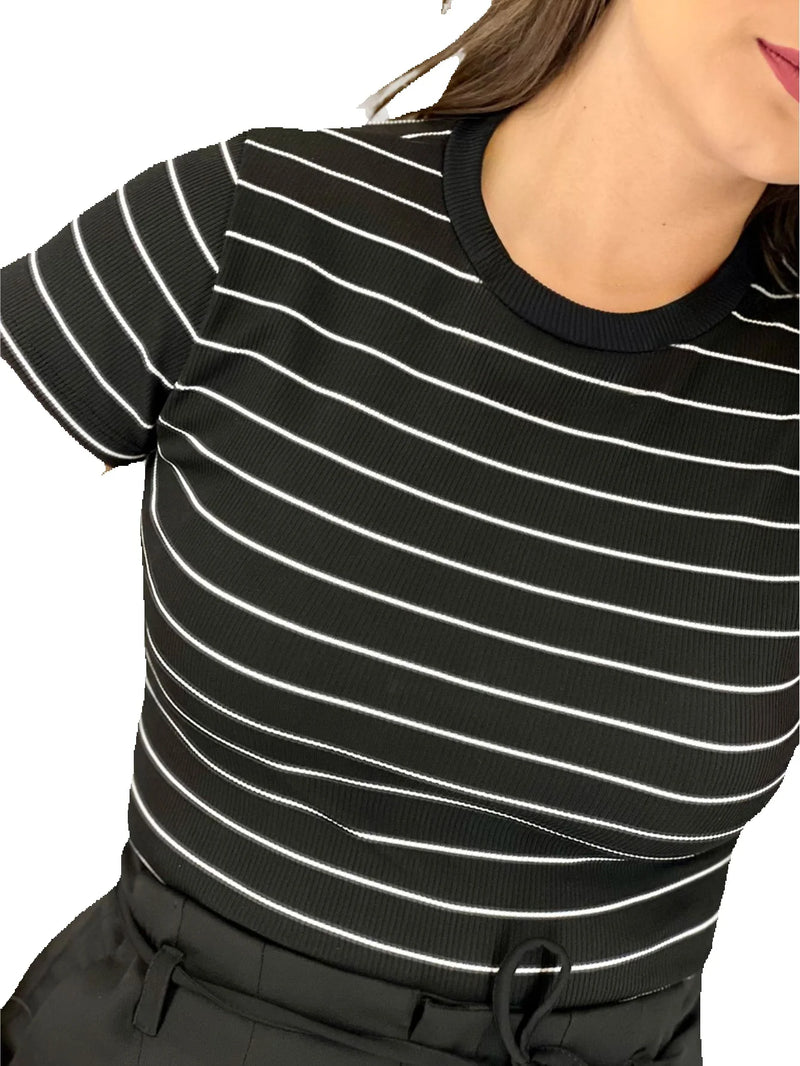 Camiseta listrada Blogger Verão Verão Casual Verão Verão Frete rápido Frete grátis Confortável Malha Casual Sucesso Ativa