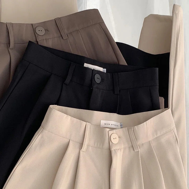 Calças de terno femininas de cintura alta, retas, para escritório, moda coreana, casual, com botões, soltas, pretas, novas, 2024 Sucesso Ativa