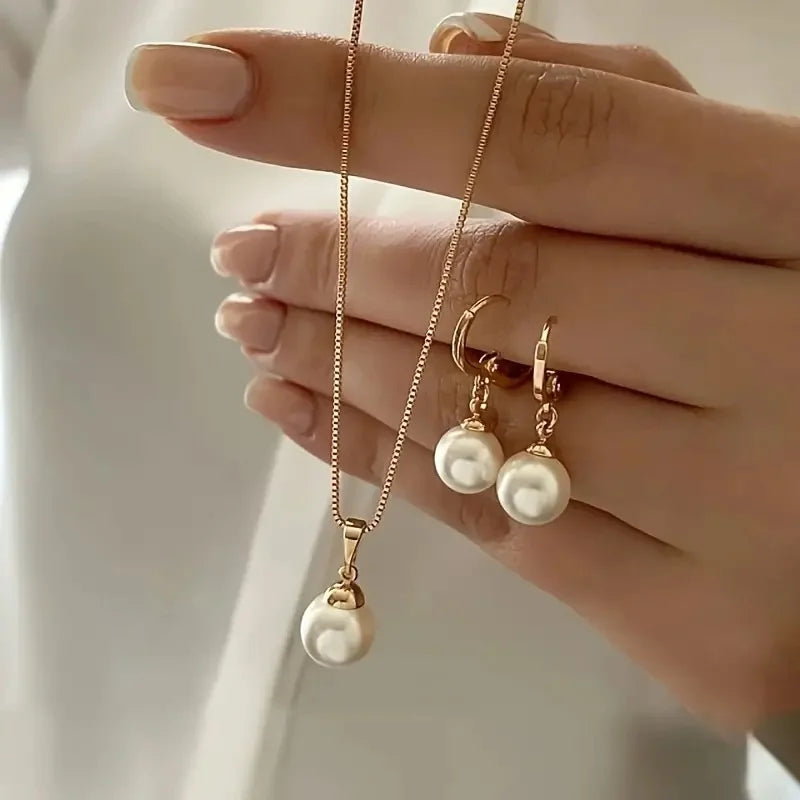 Conjunto de 3 peças de joias de pérolas redondas, brincos e pingentes para mulheres, conjunto de joias de casamento duplas com strass da moda requintada, presente Sucesso Ativa
