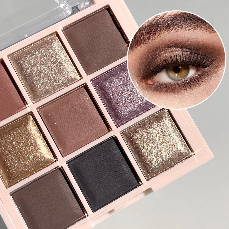 Paleta de sombras de 9 cores com glitter fino, cintilante, matte e tons de chá com leite; mini, uso diário, maquiagem para estudantes Sucesso Ativa