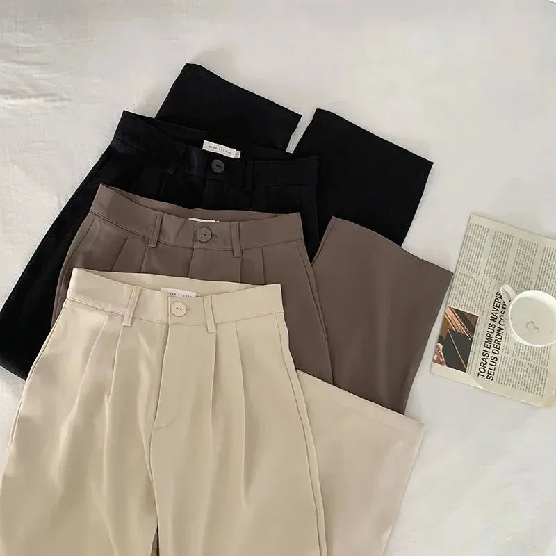Calças de terno femininas de cintura alta, retas, para escritório, moda coreana, casual, com botões, soltas, pretas, novas, 2024 Sucesso Ativa
