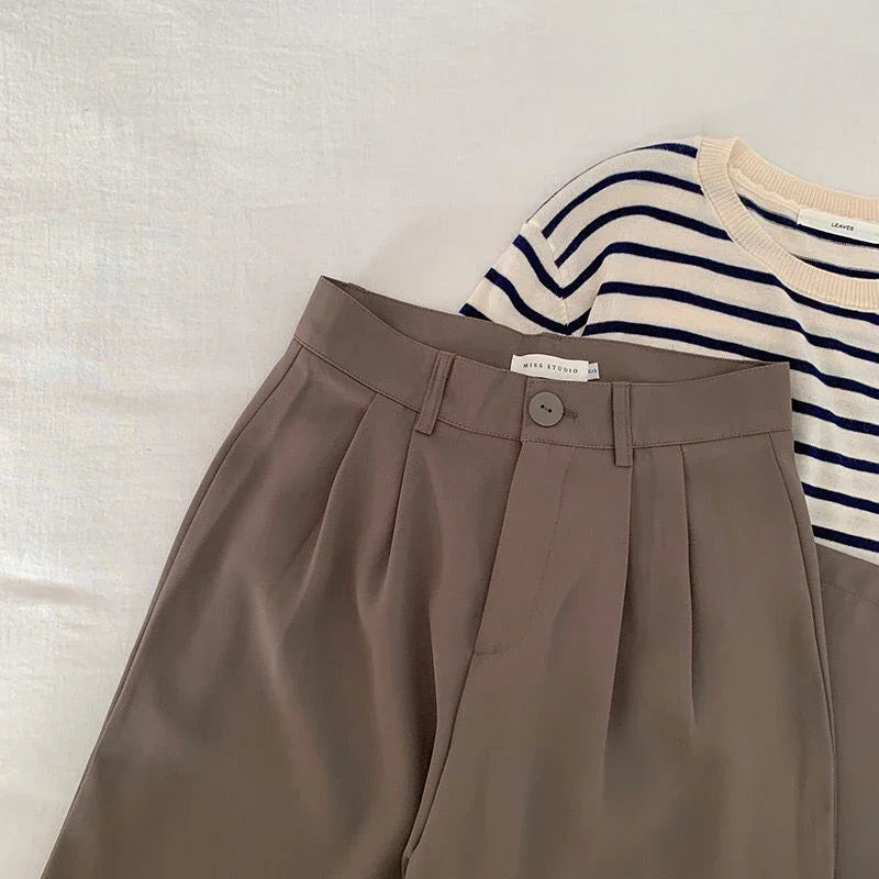 Calças de terno femininas de cintura alta, retas, para escritório, moda coreana, casual, com botões, soltas, pretas, novas, 2024 Sucesso Ativa