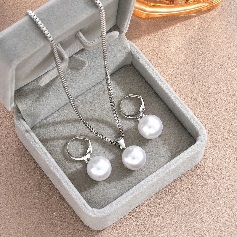Conjunto de 3 peças de joias de pérolas redondas, brincos e pingentes para mulheres, conjunto de joias de casamento duplas com strass da moda requintada, presente Sucesso Ativa