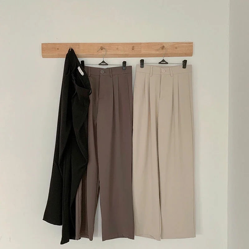 Calças de terno femininas de cintura alta, retas, para escritório, moda coreana, casual, com botões, soltas, pretas, novas, 2024 Sucesso Ativa