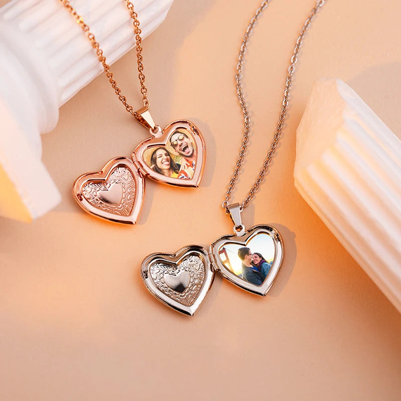 Colar com medalhão personalizado, colar com foto personalizada, colar de coração com nome gravado, colar com pingente em formato de coração de aço inoxidável, joia Sucesso Ativa