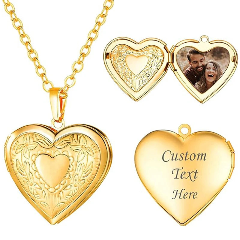 Colar com medalhão personalizado, colar com foto personalizada, colar de coração com nome gravado, colar com pingente em formato de coração de aço inoxidável, joia Sucesso Ativa