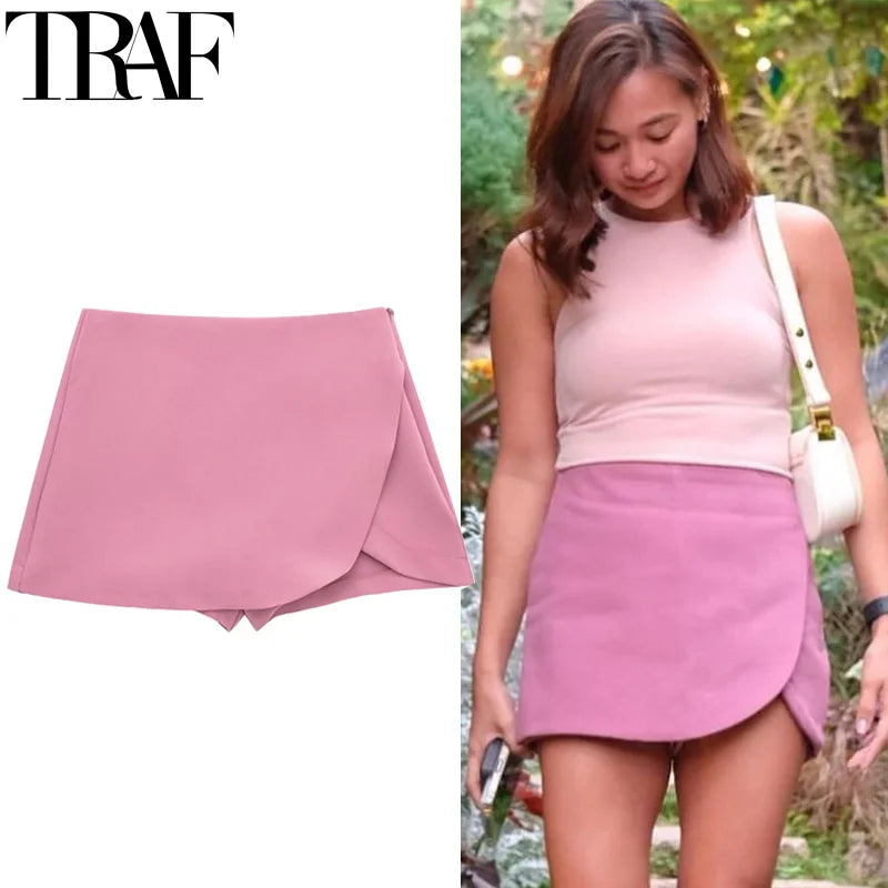 TRAF Saia-calça feminina cintura alta marrom, saia estilosa verão rosa preta mini saia shorts assimétrico casual off white Sucesso Ativa