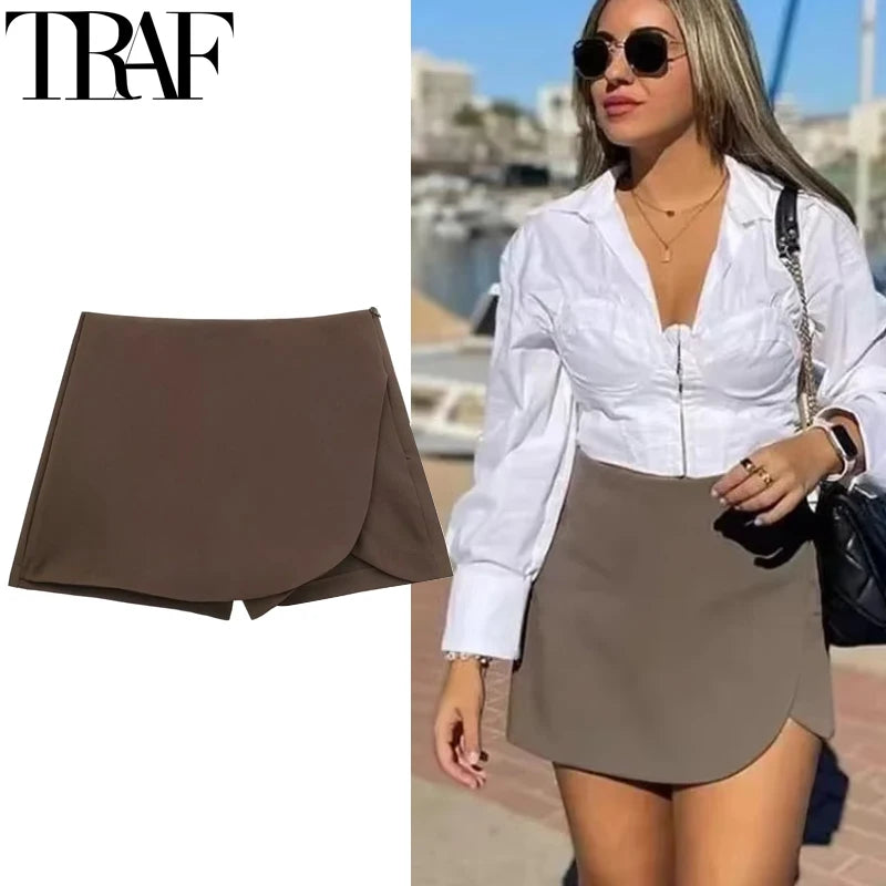 TRAF Saia-calça feminina cintura alta marrom, saia estilosa verão rosa preta mini saia shorts assimétrico casual off white Sucesso Ativa