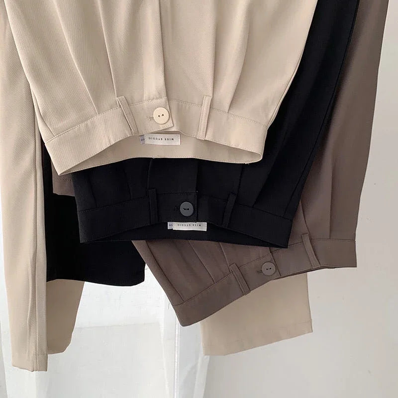 Calças de terno femininas de cintura alta, retas, para escritório, moda coreana, casual, com botões, soltas, pretas, novas, 2024 Sucesso Ativa