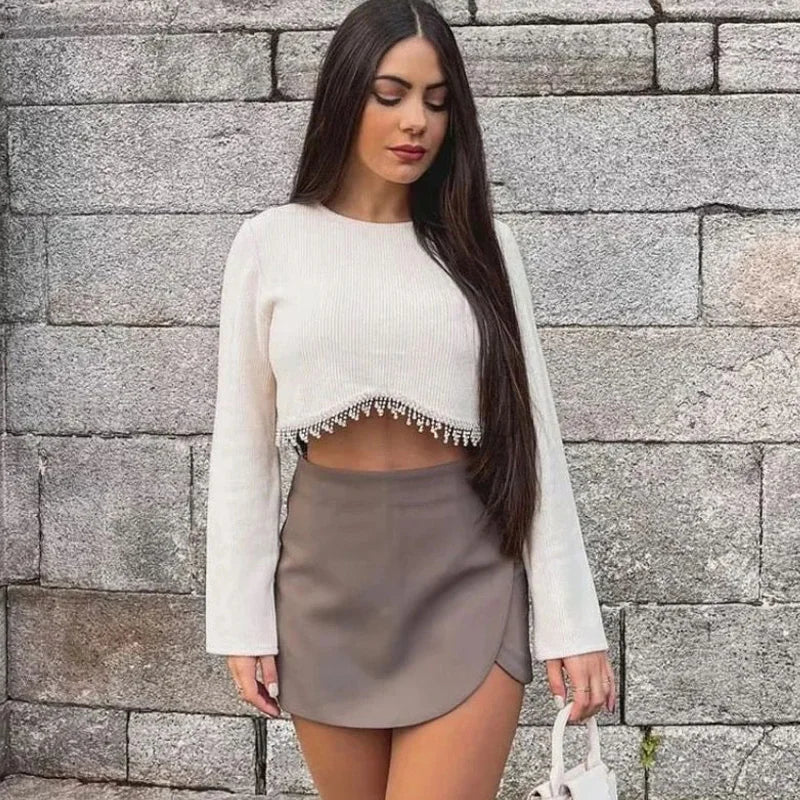 TRAF Saia-calça feminina cintura alta marrom, saia estilosa verão rosa preta mini saia shorts assimétrico casual off white Sucesso Ativa