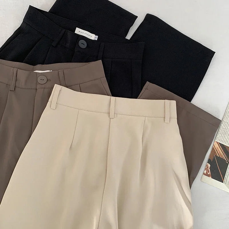 Calças de terno femininas de cintura alta, retas, para escritório, moda coreana, casual, com botões, soltas, pretas, novas, 2024 Sucesso Ativa